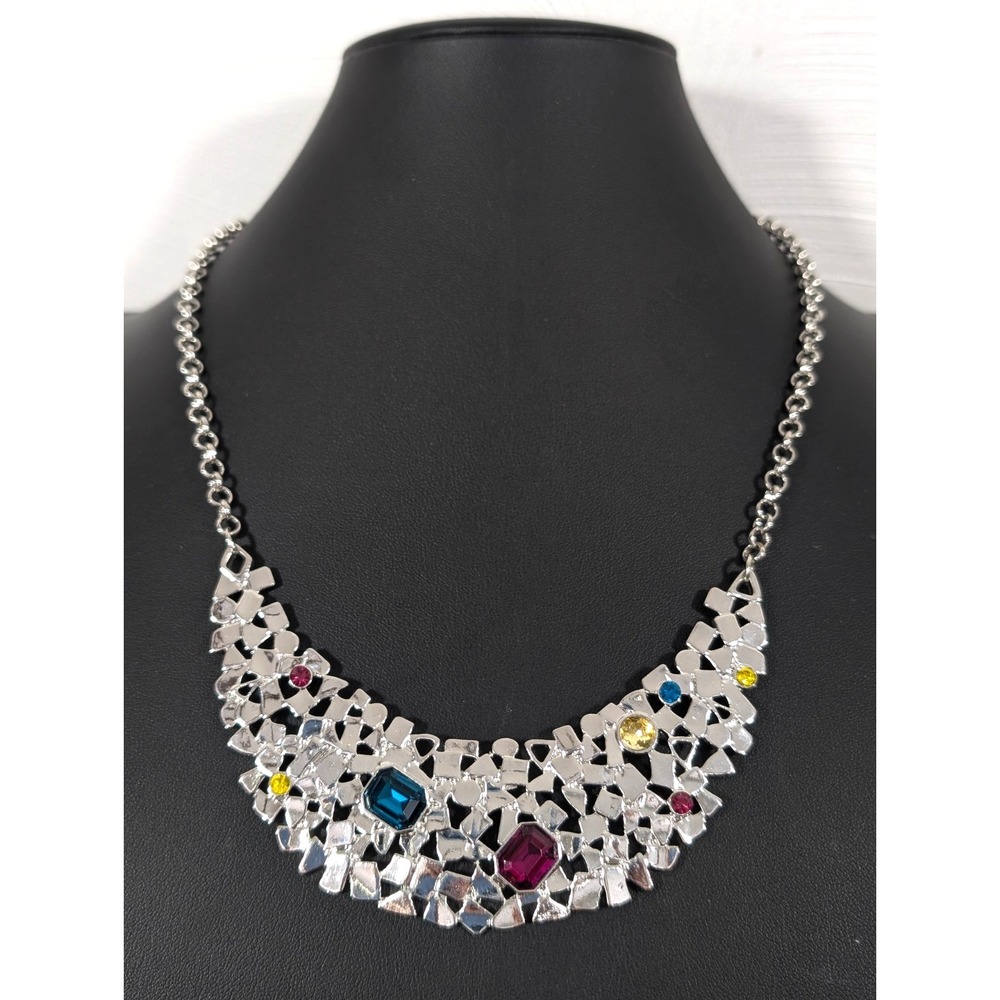 Silver Tone Multicolor Crystal Bib Necklace Modern Statement Jewelry 21 in Glam